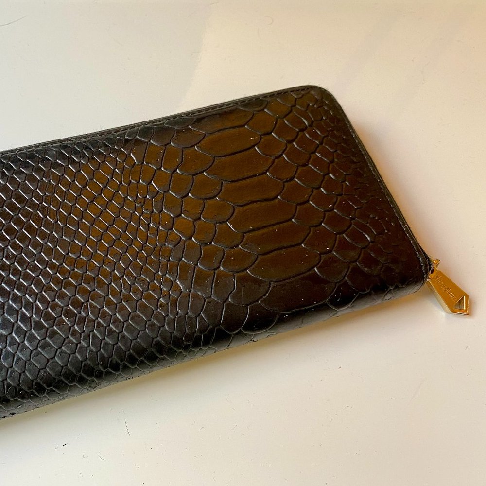 Neiman Marcus Black Crocodile-Embossed Faux Leather Continental Zip Wallet